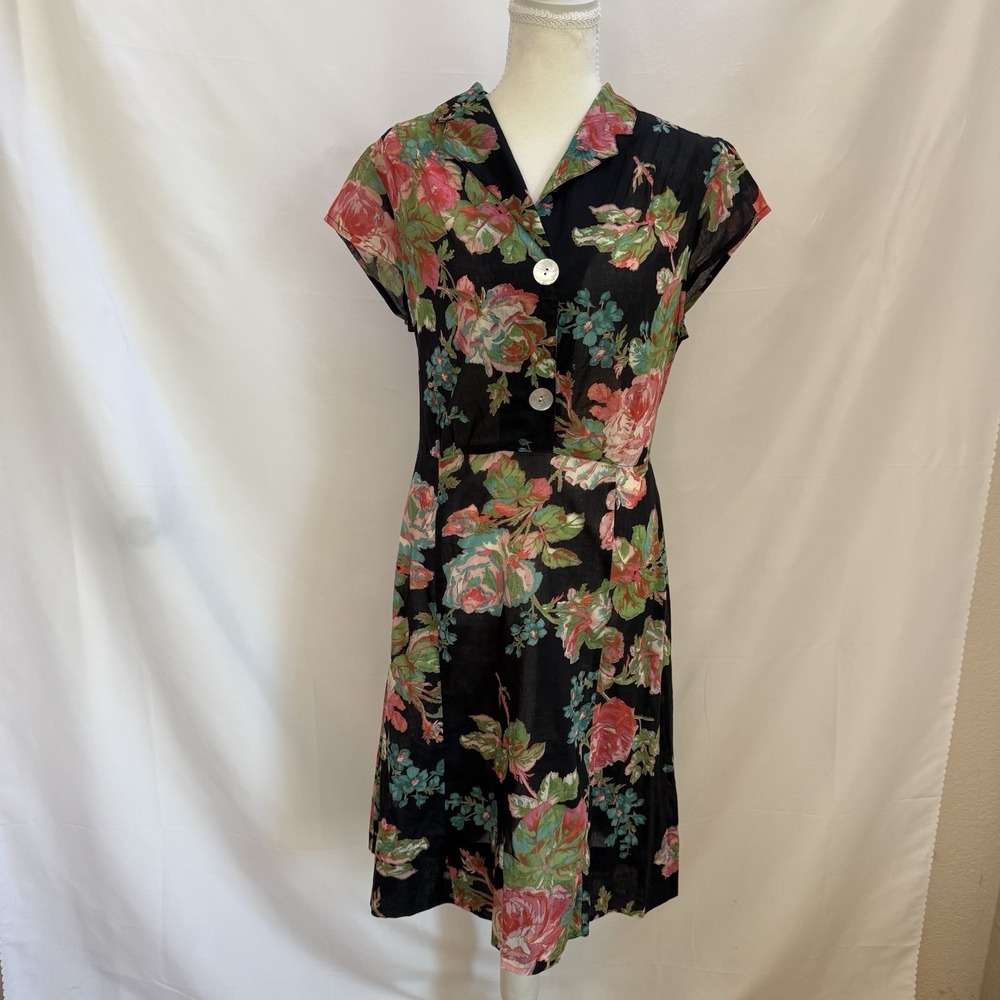 April Cornell Floral Black Dress Sz M Button Front Midi Dark Romantic Peasant